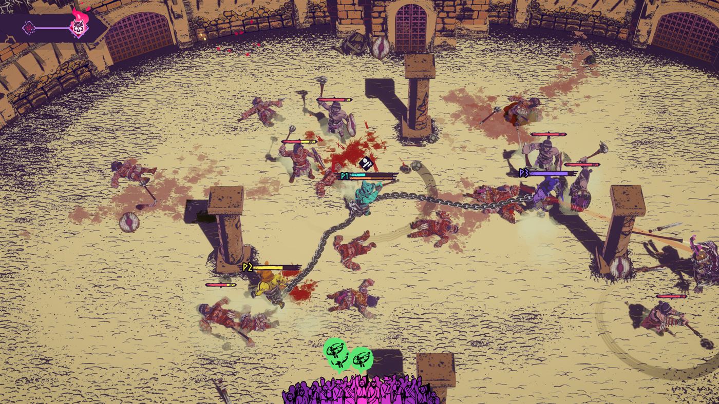 Four chained gladiators fighting in the sandy Carthage arena in Chained Beasts.